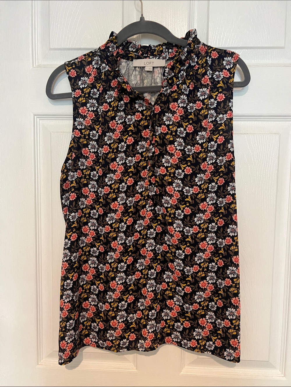 LOFT Black Sleeveless Floral Ruffle Neck Blouse